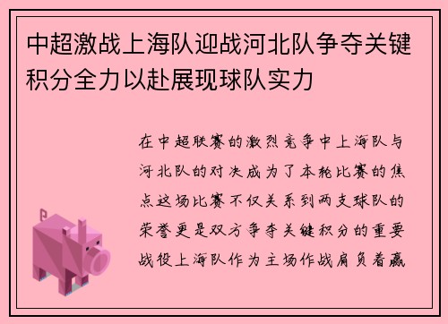 中超激战上海队迎战河北队争夺关键积分全力以赴展现球队实力